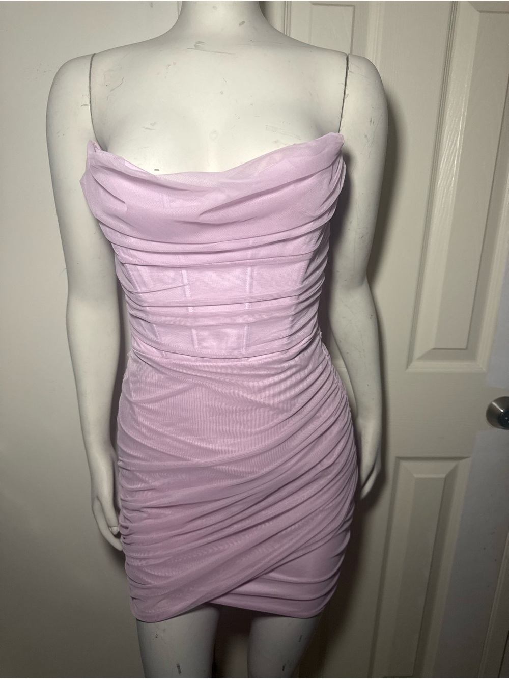 Oh Polly Pink Lilac Ruched Bodycon Mini Dress Size 6 Strappy Draped Y2K